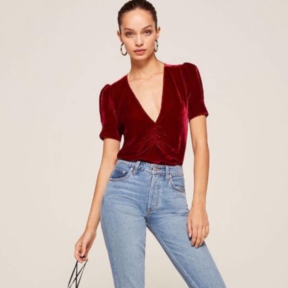 REFORMATION "Fiona" Red Velvet Puff Sleeve V Neck Top M Party Festive